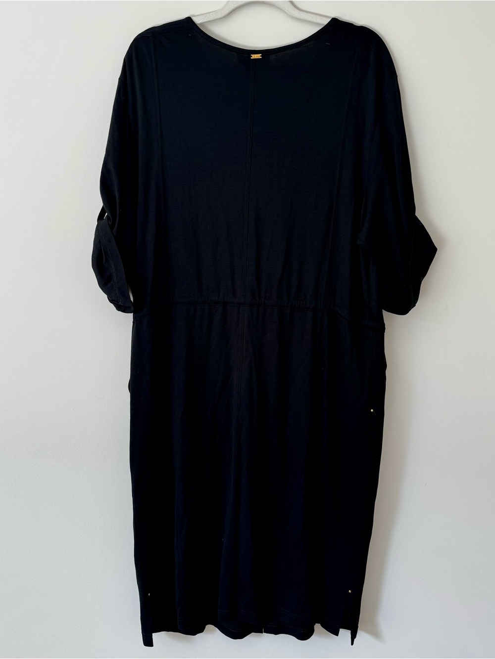 St. John Spa Button Down Short Sleeve Midi Tie Shirt Dress, Black – Large Flaw* - Picture 5 of 7